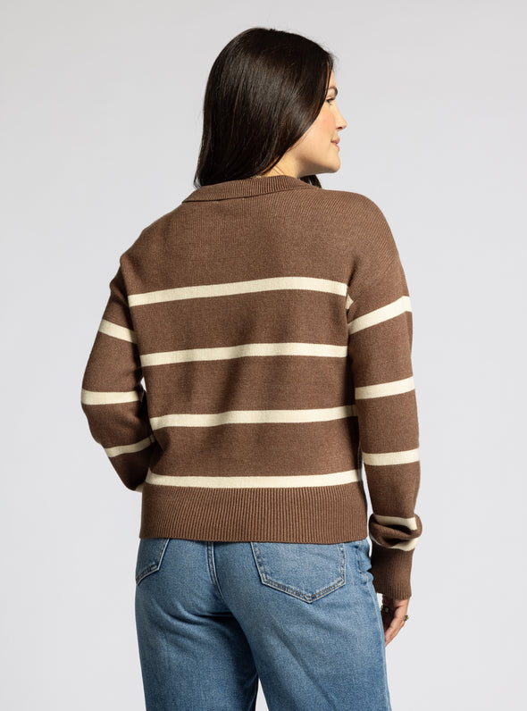 lotus sweater thread & supply brown pullover sweater striped collared relaxed fit v-neck