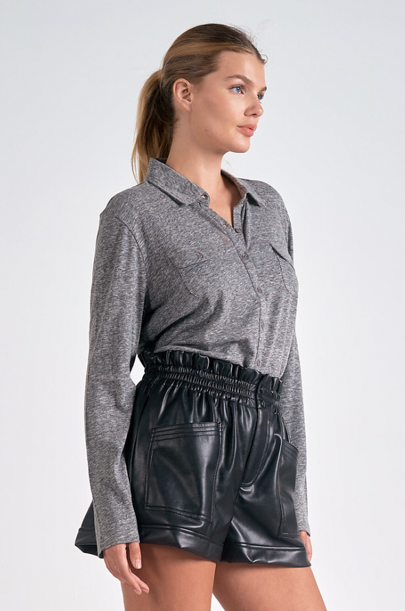 elan long sleeve button down top dark grey womens basic top