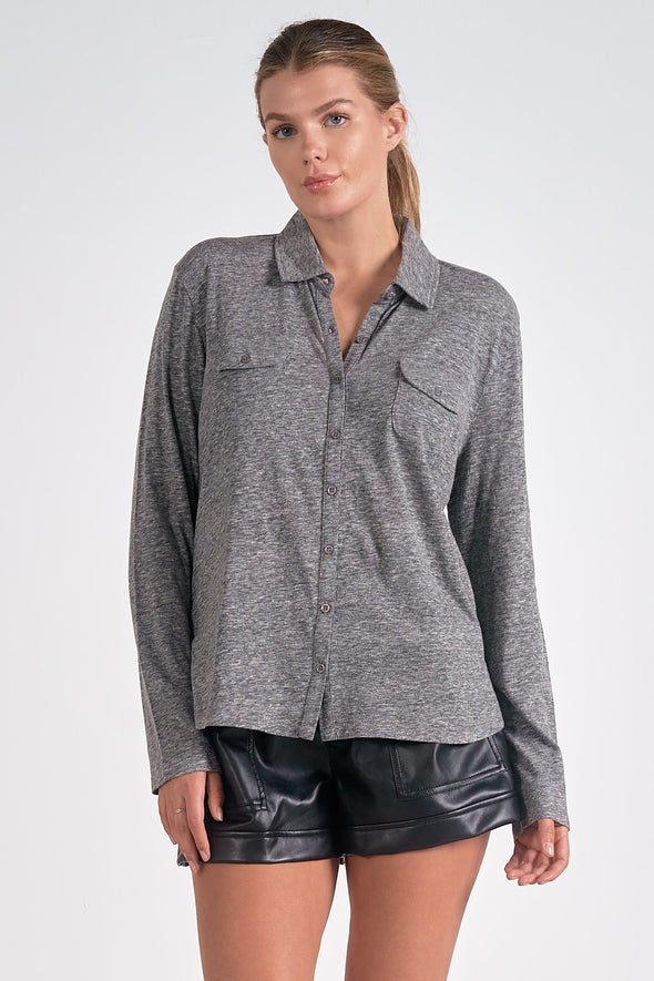 elan long sleeve button down top dark grey womens basic top