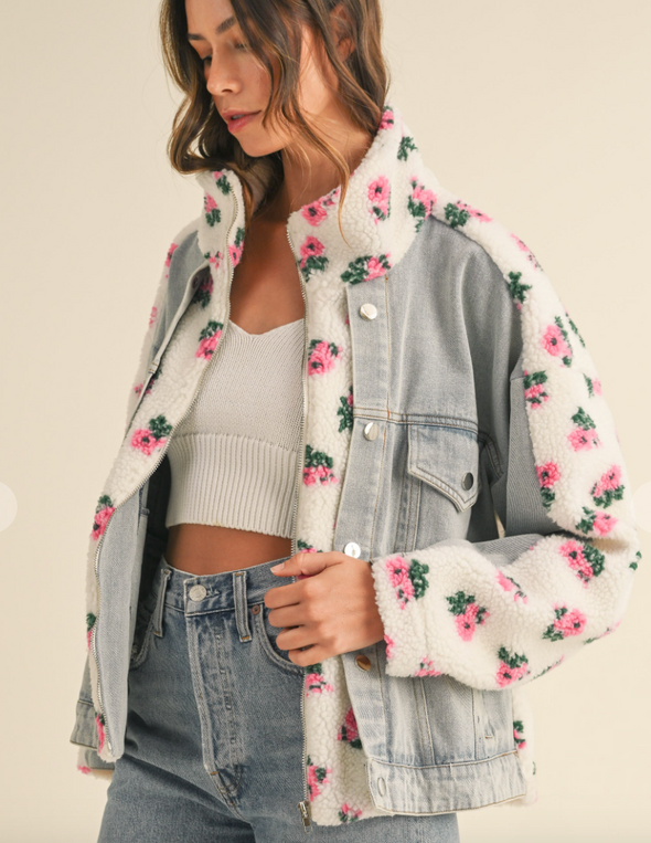 mable floral shearling denim jacket 
 oversized spring trendy womens jacket