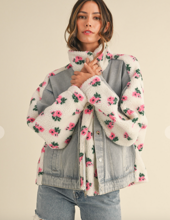 mable floral shearling denim jacket 
 oversized spring trendy womens jacket