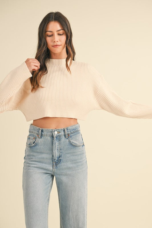 mable long sleeve ribbed mock neck cropped sweater cream