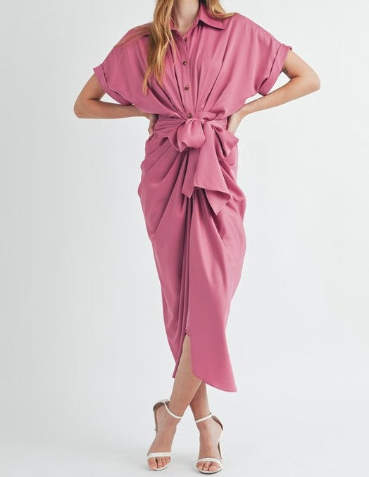 mable short sleeve midi tied front ruched satin dress lipstick pink