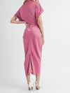 mable short sleeve midi tied front ruched satin dress lipstick pink