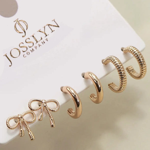 mini bow huggie hoop earring trio set gold