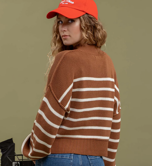 mock neck ribbed crop striped sweater balloon sleeve