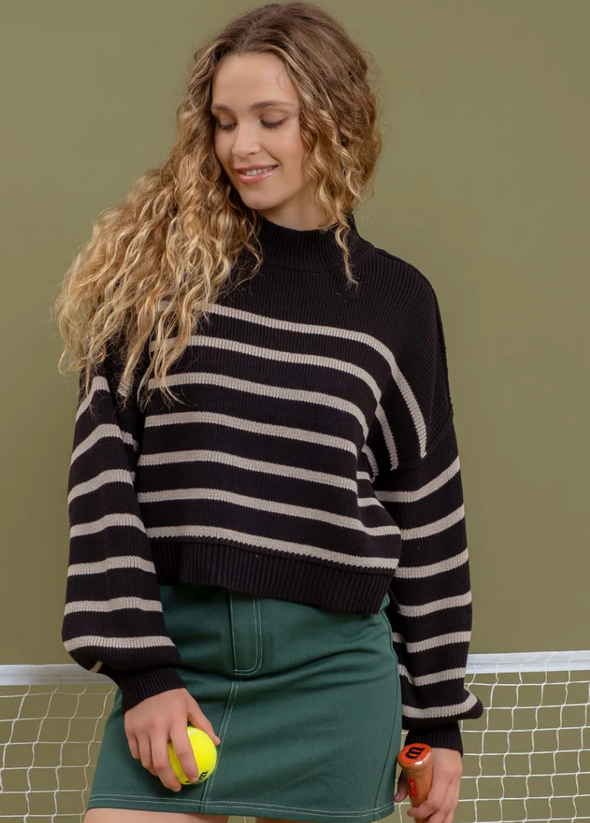 mock neck ribbed crop striped sweater balloon sleeve