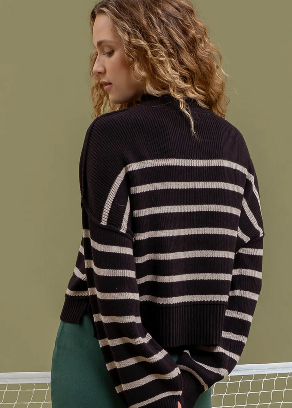 mock neck ribbed crop striped sweater balloon sleeve