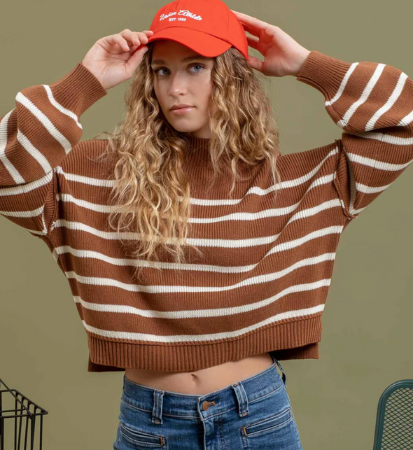 mock neck ribbed crop striped sweater balloon sleeve