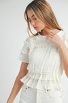 mable smocked short sleeve ruffle detail keyhole back white blouse womens fashion top