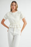 mable smocked short sleeve ruffle detail keyhole back white blouse womens fashion top