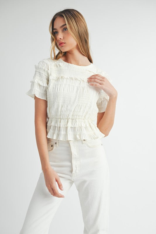 mable smocked short sleeve ruffle detail keyhole back white blouse womens fashion top