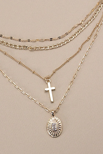 multi layer gold cross oval charm necklace