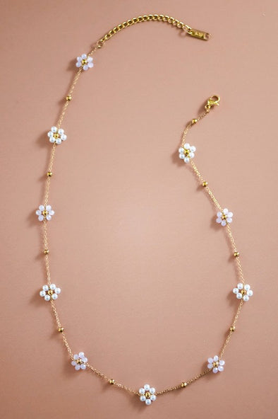 natasha non-tarnish 18k stainless steel chain gold necklace pearl flowers