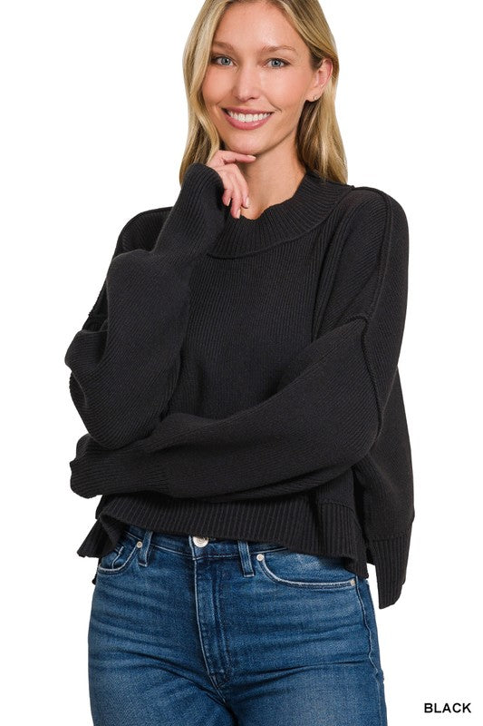 oversized side slit cropped sweater ribbed details exposed seams black