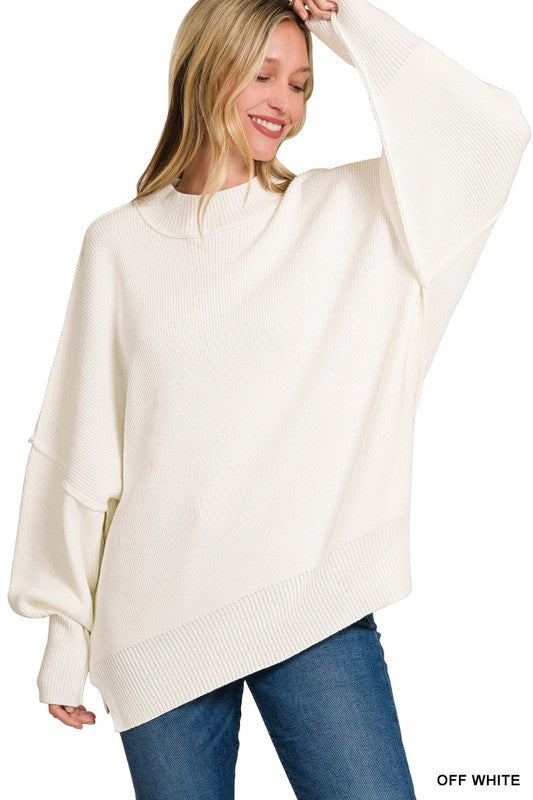 oversized side slit longer length sweater ribbed details exposed seams off white free people dupe