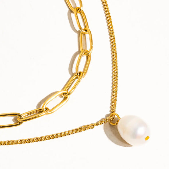 The Percy 18k Gold Plated Layered Chain + Pearl Necklace