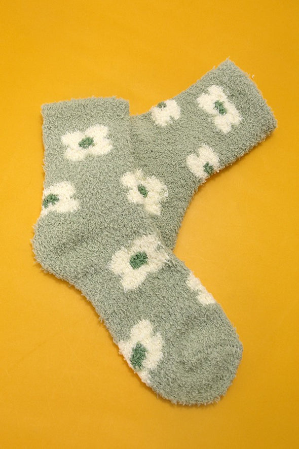 plush floral print fuzzy socks daisy sage green