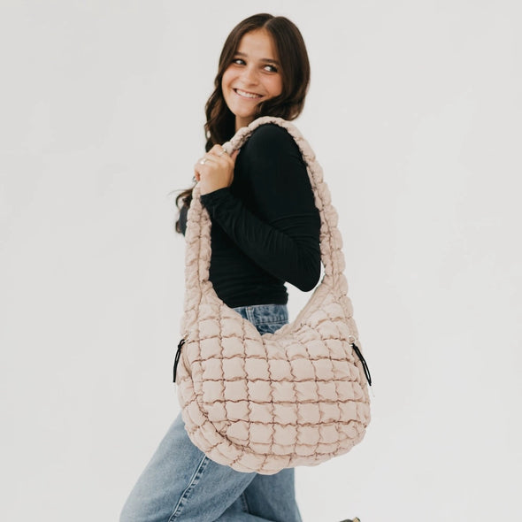 pretty simple carmen quilted hobo tote bag tan