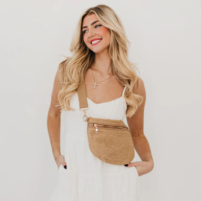 pretty simple rachel raffia bum bag woven crossbody adjustable removable strap zipper closure