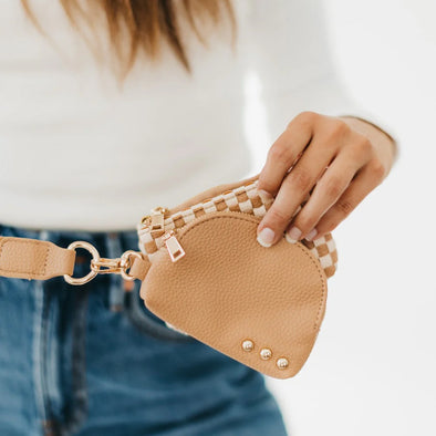 pretty simple wonderlust woven dual pouch wristlet tan