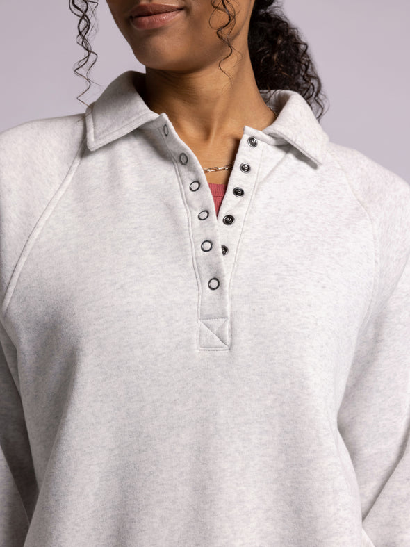 priscilla top thread & supply heather grey half snap collared pullover lounge top sweatshirt