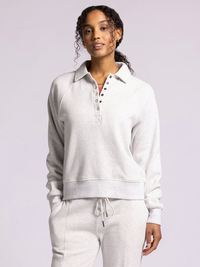 priscilla top thread & supply heather grey half snap collared pullover lounge top sweatshirt