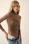 promesa solid sheer mesh high neck long sleeve mock neck ruched side ruffle cuff bodysuit light mocha brown