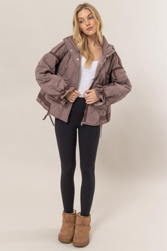 quilted toggle puffer jacket drawstring details zip front oversized fit brown umber fall winter