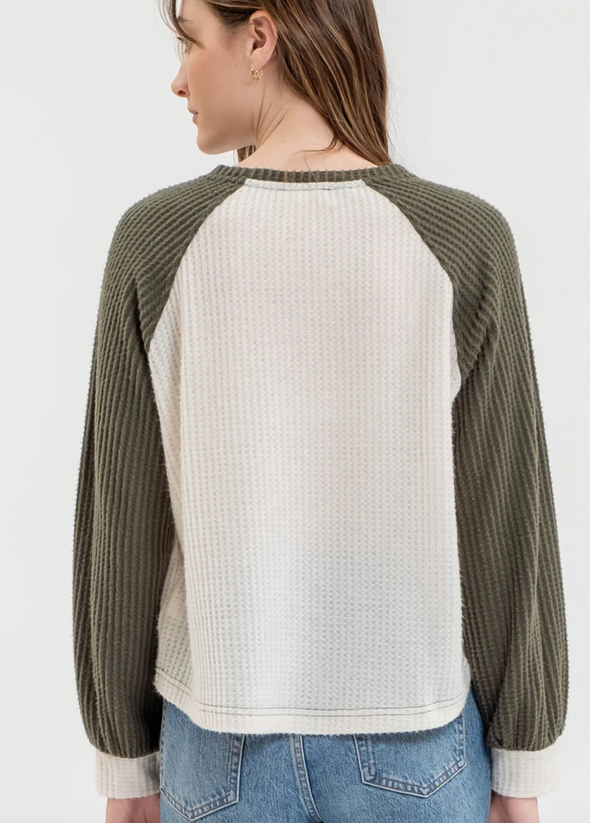 raglan thermal knit long sleeve top olive cream