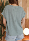 raw edge v neck extended short sleeve ribbed knit t-shirt top sage green