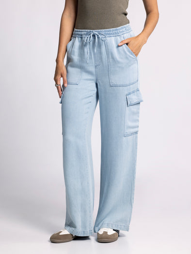 rhoda pants thread & supply chambray denim soft pant cargo pocket drawstring waist wide leg