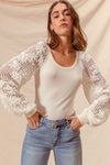 rib knit scoop neck lace long balloon sleeve top blouse ivory cream