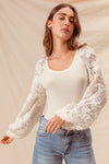 rib knit scoop neck lace long balloon sleeve top blouse ivory cream