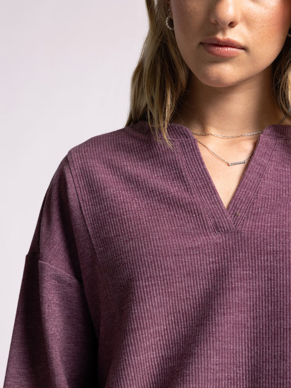 roxie top thread & supply eggplant ribbed split neck relaxed fit long sleeve knit top