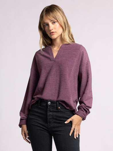 roxie top thread & supply eggplant ribbed split neck relaxed fit long sleeve knit top