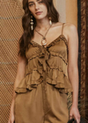 ruffle tiered front v neck satin cami top sand brown