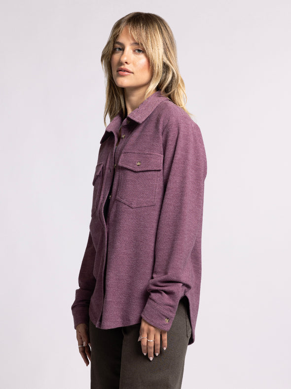 rylan shirt thread & supply eggplant super soft ribbed button up top shacket