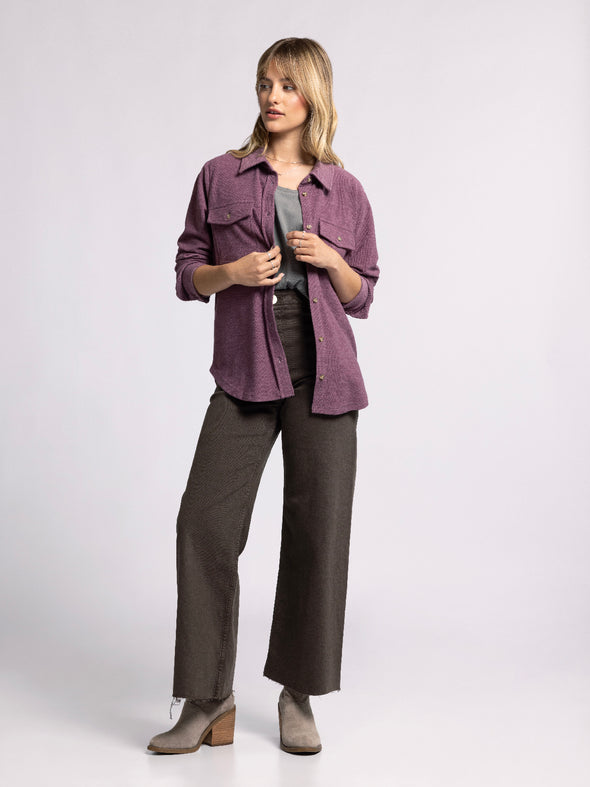 rylan shirt thread & supply eggplant super soft ribbed button up top shacket