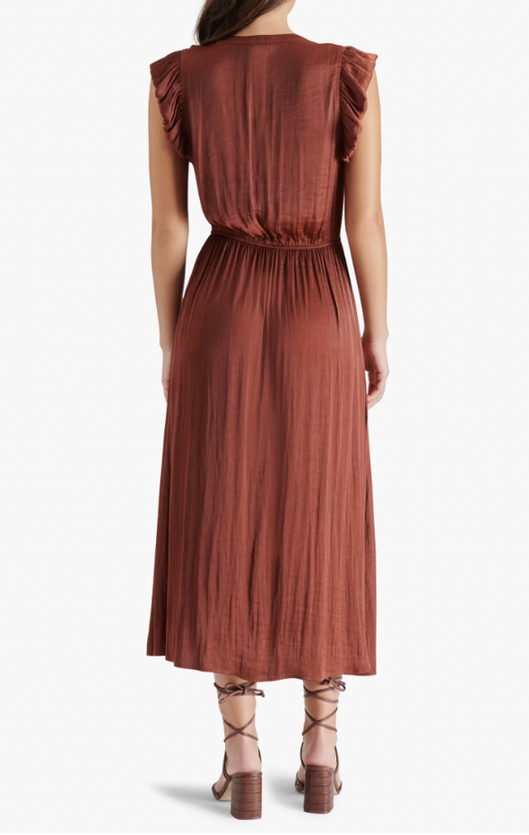 steve madden allegra dress cinnamon midi length satin fabric elastic waist ruffle sleeve v-neck