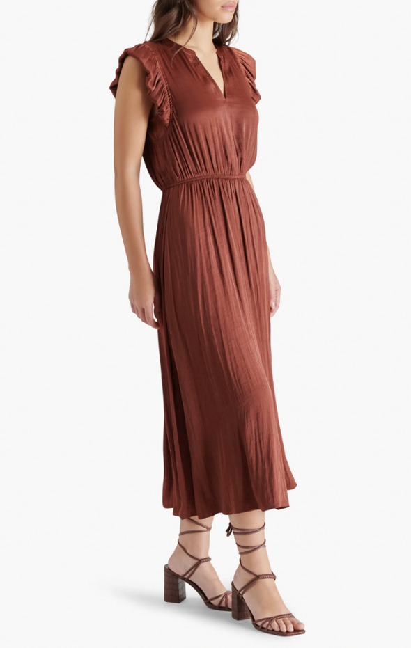 steve madden allegra dress cinnamon midi length satin fabric elastic waist ruffle sleeve v-neck