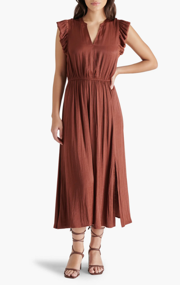 steve madden allegra dress cinnamon midi length satin fabric elastic waist ruffle sleeve v-neck