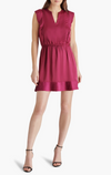 steve madden verona cap sleeve mini dress pleated v-neckline ruffle detail elastic waist forest berry