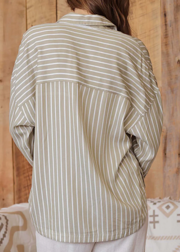 stripe collared button down long sleeve tencel lyocell shacket  olive  white