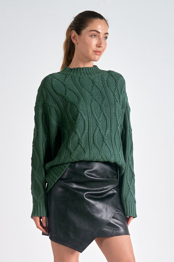 elan crewneck chunky cable knit classic sweater dark green