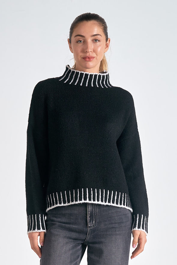 elan turtleneck mockneck relaxed fit sweater with stitching detail black