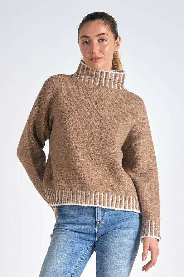 elan turtleneck mockneck relaxed fit sweater with stitching detail tan