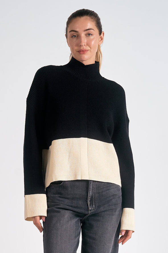 elan mock neck black white color block classic sweater relaxed fit rib detail