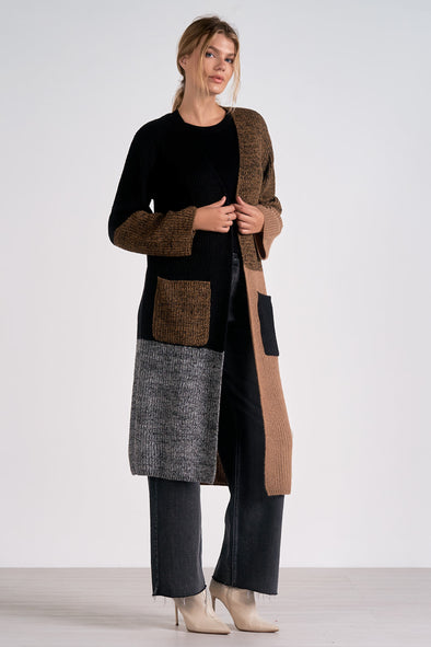 elan long duster cardigan color block brown black grey