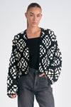 elan crochet open long sleeve cardigan sweater black white